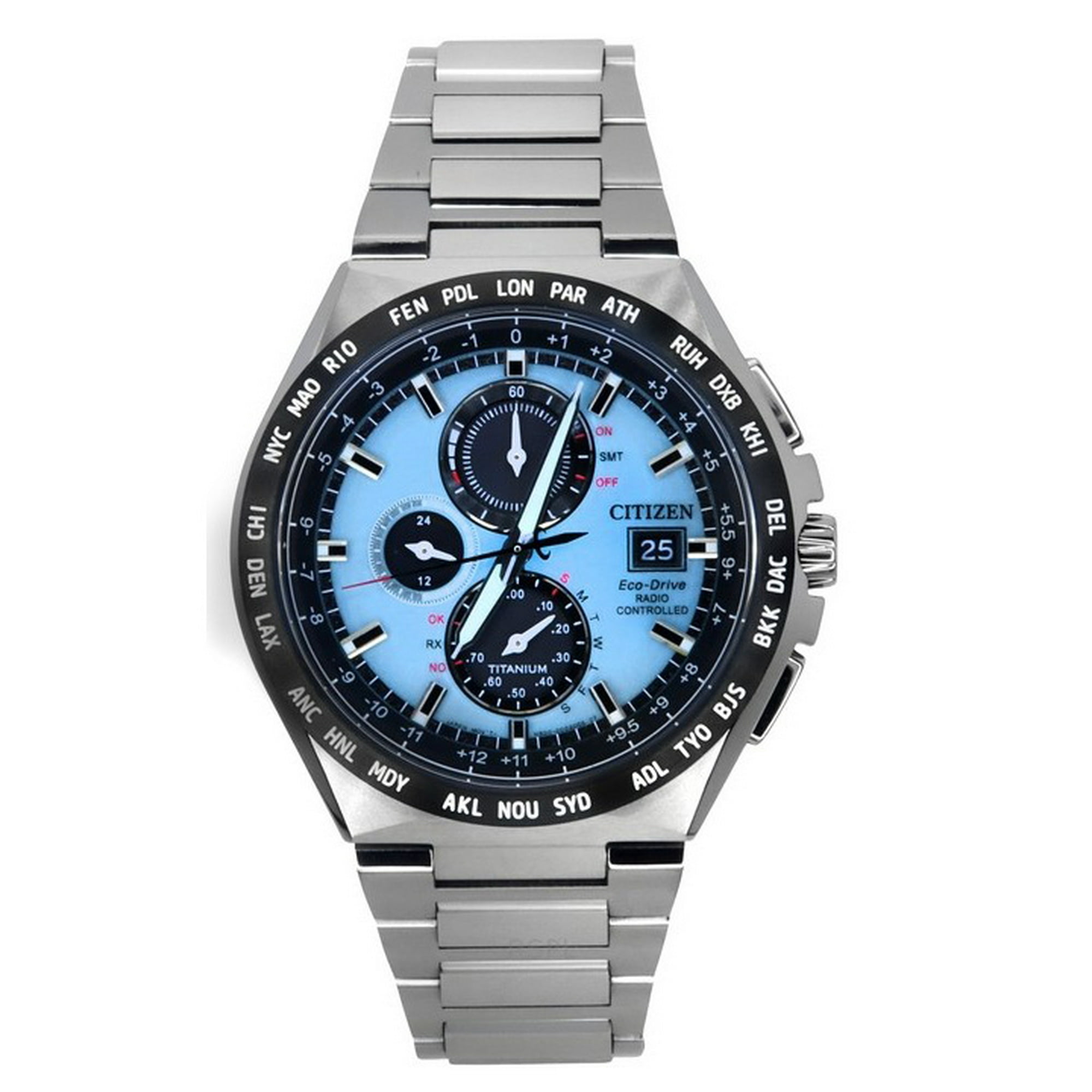 Reloj Citizen Eco-drive Radio Controlled Gmt Chronograph Super Titanium Light Blue Dial At8238-84m 100m Men's Watch