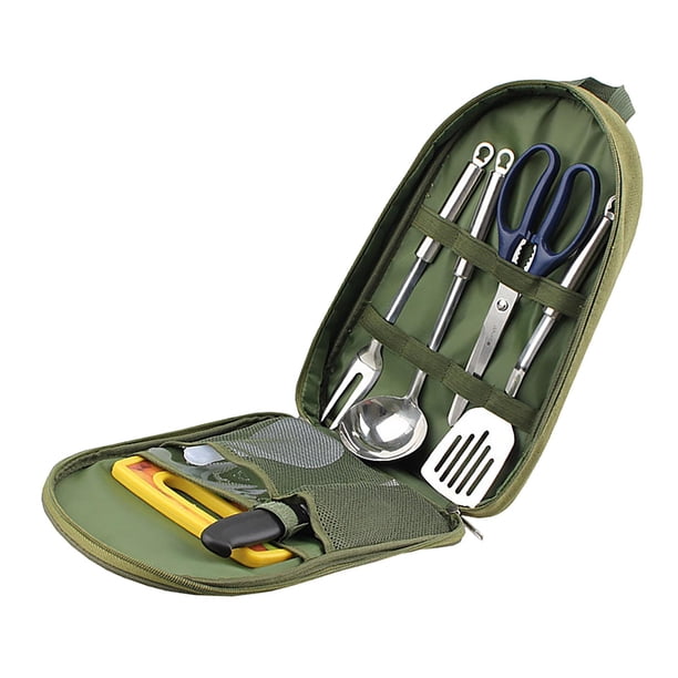de utensilios de cocina para acampar de material acero inoxidable de 7 Uds., utensilios de cocina, campamento con bolsa de almacenamiento, organizador pa Verde