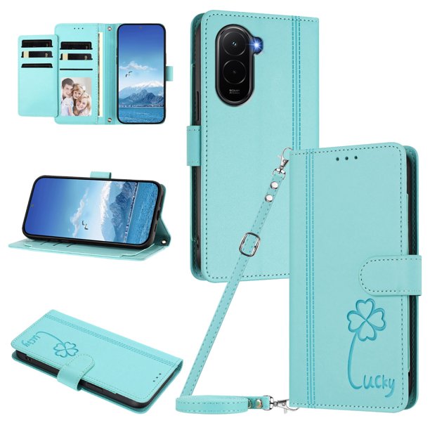 Funda Cartera Trébol para Xiaomi Poco M7 4G con Ranuras Tarjetas y Carga Inalámbrica Verde menta