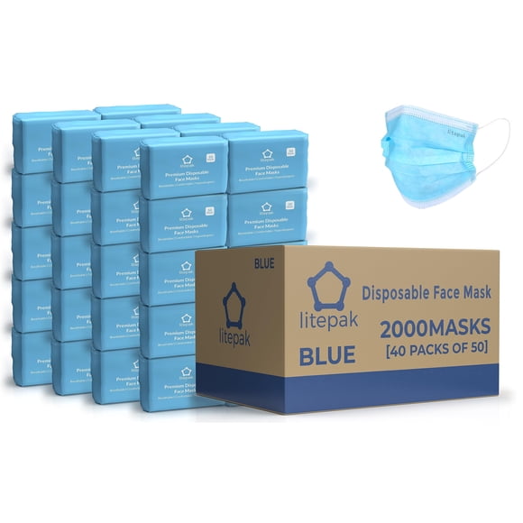 Máscaras faciales Litepak desechables de 3 capas, transpirables, azules, 2000 unidades