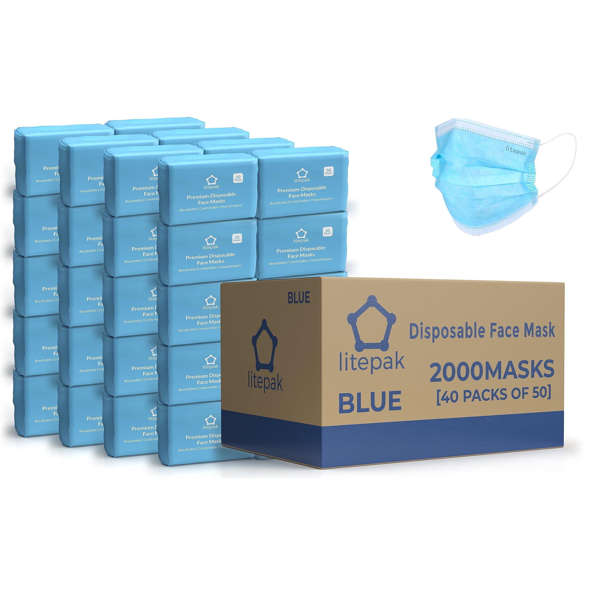 Máscaras Faciales Litepak Desechables De 3 Capas, Transpirables, Azules, 2000 Unidades