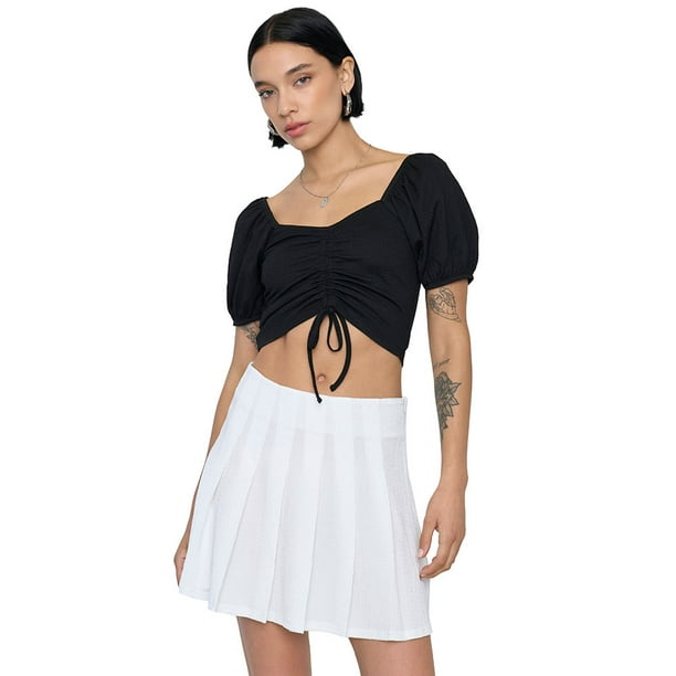 Blusa Mujer Crop Panal Manga Globo Negro Corona