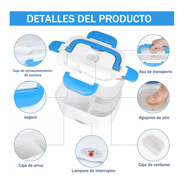 Lonchera Eléctrica Portátil Hermetico Cuchara + Usb Celeste