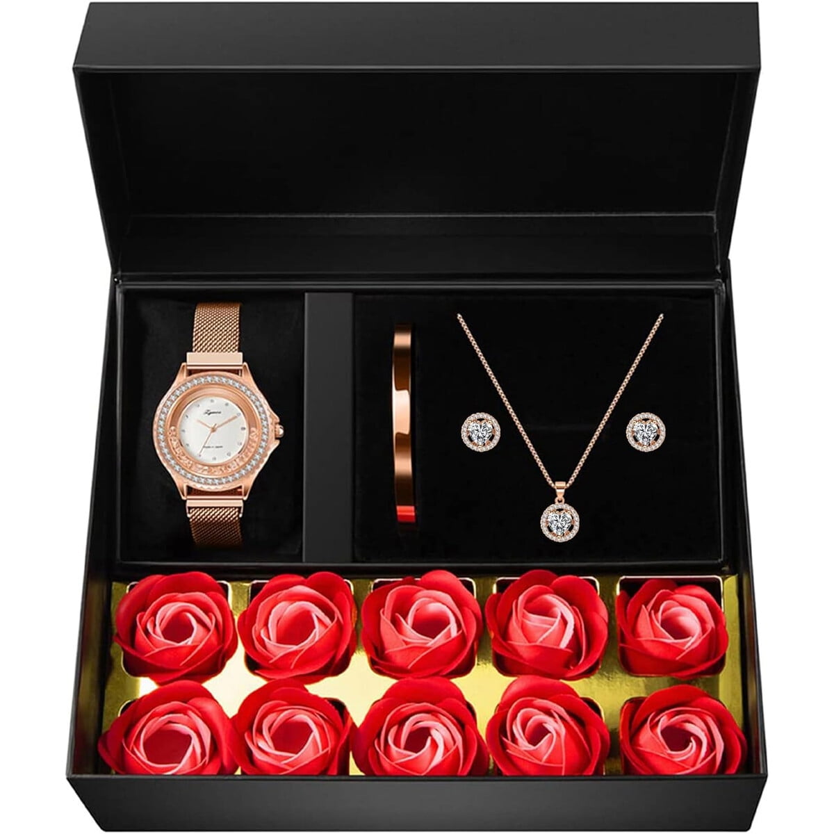 Joyeraa - Set Mujer Reloj Oro Rosa Collar Pulsera Aros