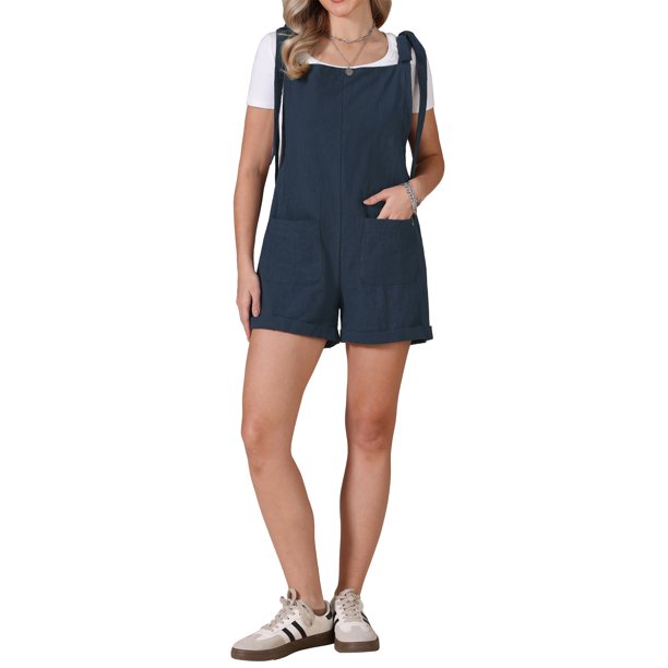 Mono de verano para mujer con tirantes, mono casual sin mangas, mono corto con bolsillos XL Azul Marino