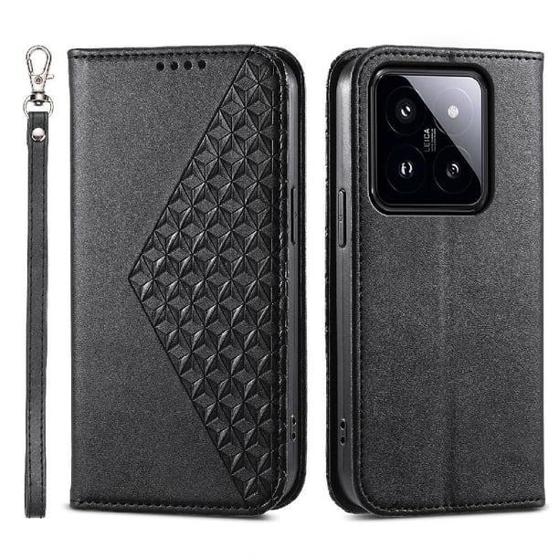 Funda Flip FOXDOCK para Xiaomi 14 Pro , Estilo Billetera con Diseño Rombo, Correa de Mano y Soporte, Uso Diario
