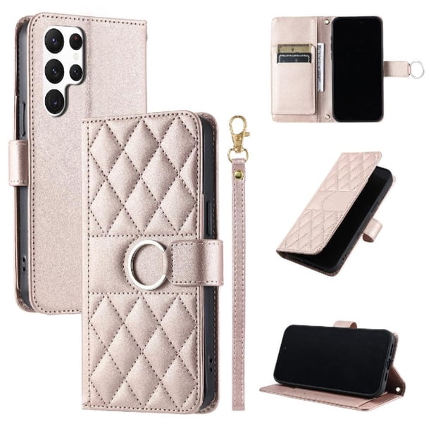 Funda Acolchada con Anilla y Correa para Samsung Galaxy S23 Ultra Slots para Tarjetas Oro rosa