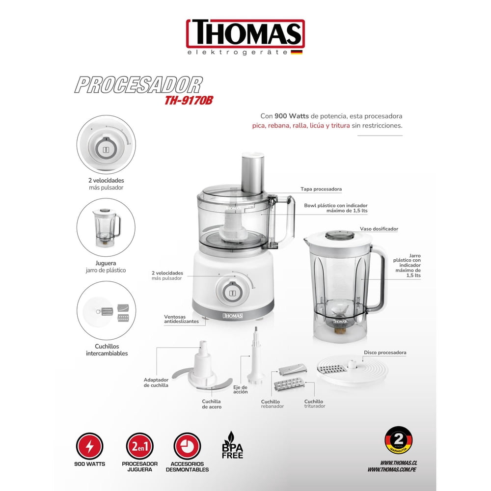 Thomas Licuadora y Procesador de Alimentos 1.5 L Blanco TH-9170B, foto 2