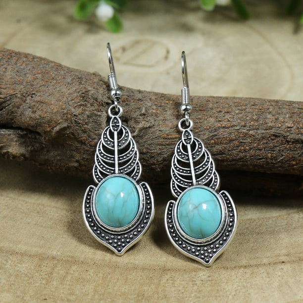 1pair Boho Style Vintage Earrings with Turquoise - Ancient Silvery Design for Women and Girls