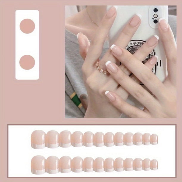 24pcs Pink French Tip Press On Nails Medium Square Fake Nails Glossy Full Cover Glitter Powder Stick On Nails False Nails With White Edge Design, Artificial Acrylic Nails With Glue Sticker For Women G