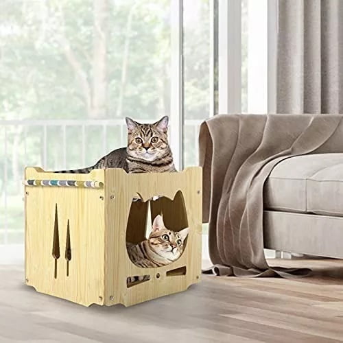 Defensor - Casa De Madera Para Gatos Con Hamaca Y Cojín Acolchado. Gris