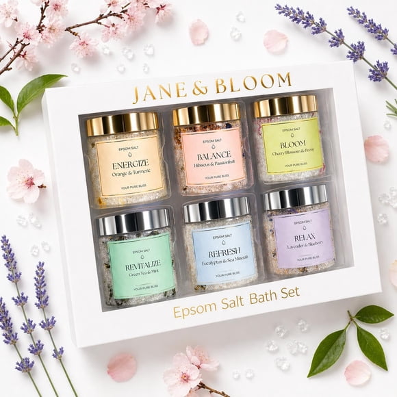 Set de Regalo de Sales de Baño de Epsom Jane & Bloom con 6 Mezclas de Aromaterapia
