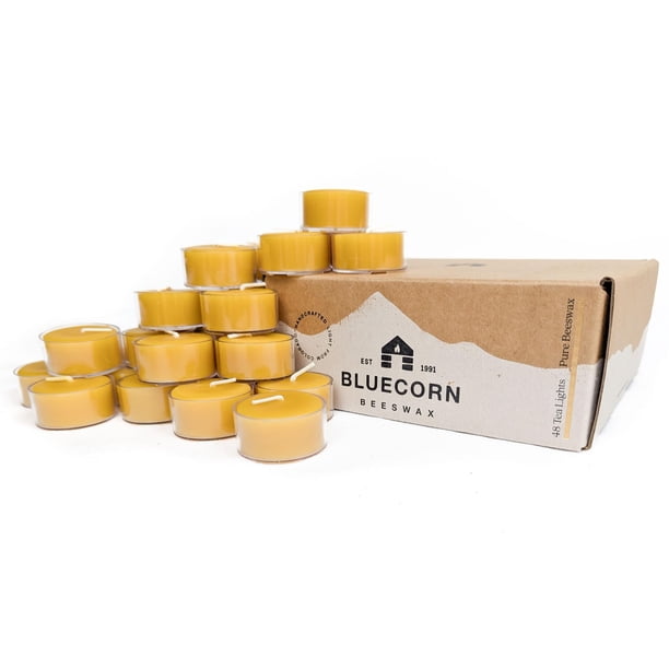 Velas tealight de cera de abeja Bluecorn, amarillas naturales, vasos transparentes, paquete de 48