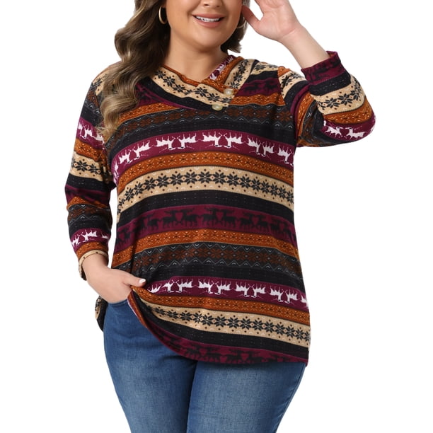 Agnes Orinda Conjuntos de Halloween para Mujeres Tallas Grandes Tops de Escuela Colegio Manga 3/4 Blusa Casual Elegante de Punto a Rayas Cuello Asimétrico Camiseta de Moda 2X Marrón Burdeos