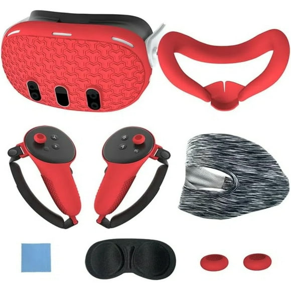 VR Accesorios Set Para Meta Quest 3, Incluye 7 Pcs: Cubierta protectora para la cara, empuñaduras para el mando, cubierta para los auriculares, protector para la lente y cubierta para la carcasa.-Rojo