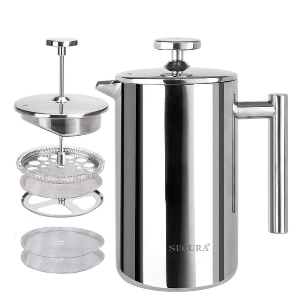 Cafetera Secura French Press, prensa de café aislante de acero inoxidable de grado 304 con 2 pantallas adicionales, 12 oz (0,35 litros), plateada (SFP-12DS)