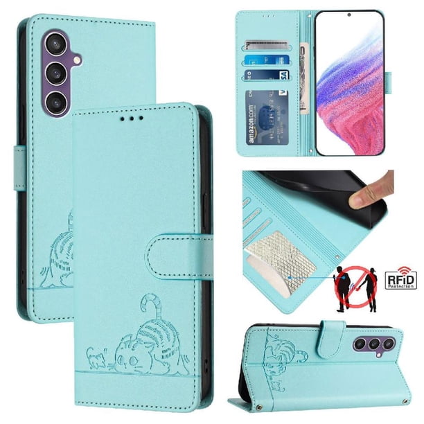 Funda tipo cartera FOXDOCK para Samsung Galaxy S24 Plus con soporte, ranuras, RFID, diseño de gato