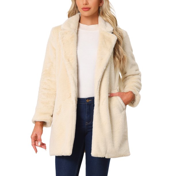 INSPIRE CHIC Abrigo de Mujer de Piel Sintética con Solapa Abrigo Cálido de Invierno Abierto Casual Largo Chaquetas Esponjosas XL Albaricoque