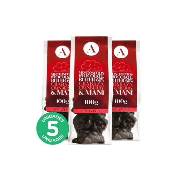 Pack 5, Chocolate Montoncito Bitter 60%, Maní, Calabaza y Cranberry 100gr