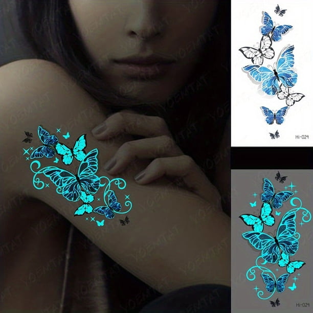 Blue Luminous Tattoo Sticker , Constellation Deer Feather Butterfly Snake Pattern, Waterproof Temporary Tattoo Finger Wrist Body Art For Women And Kids