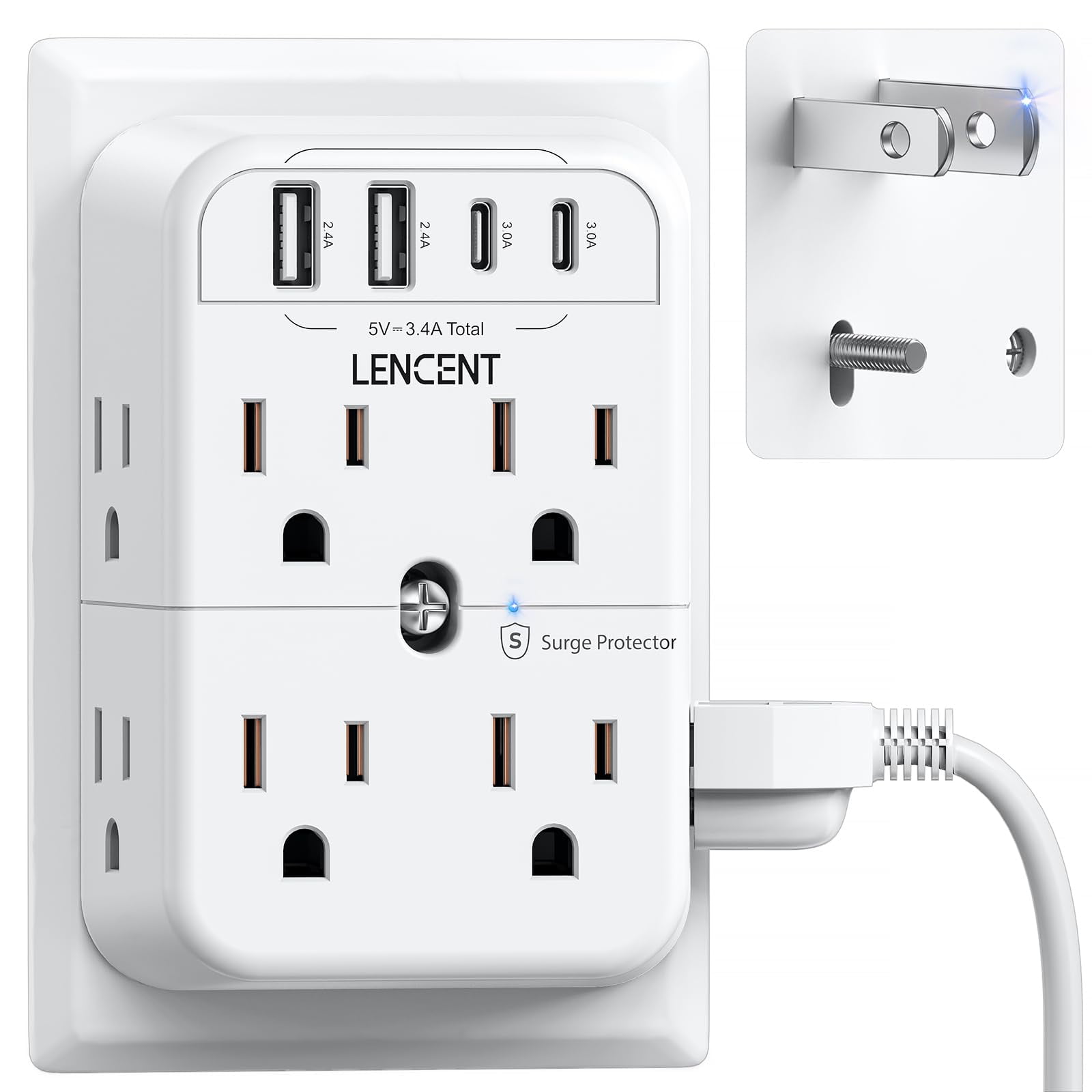 Adaptador Power Strip Lencent De 2 A 3 Clavijas Con Protección Contra Sobretensiones