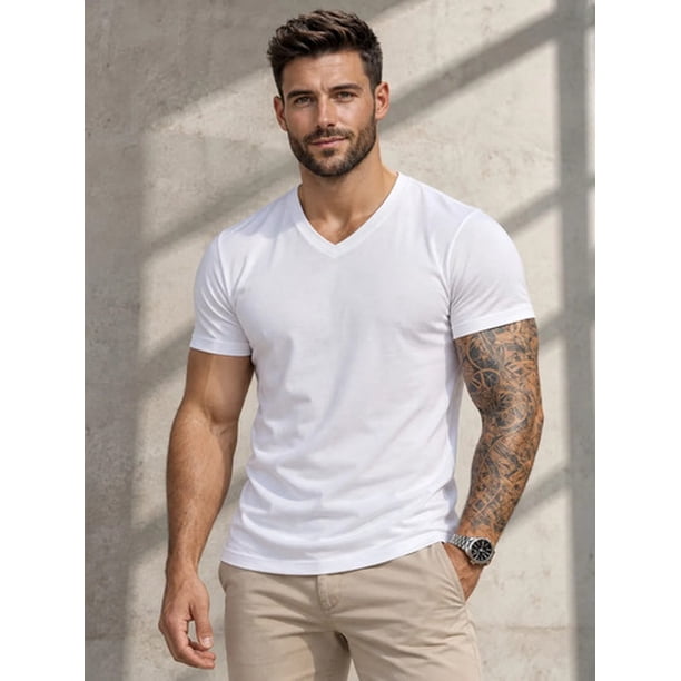 Poleras Cuello V 100% Algodon Basicas Manga Corta Estampar Blanco L Lisa