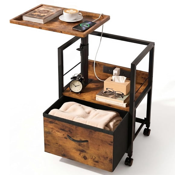 Mesa de noche Faesun con tapa giratoria elevable y estación de carga