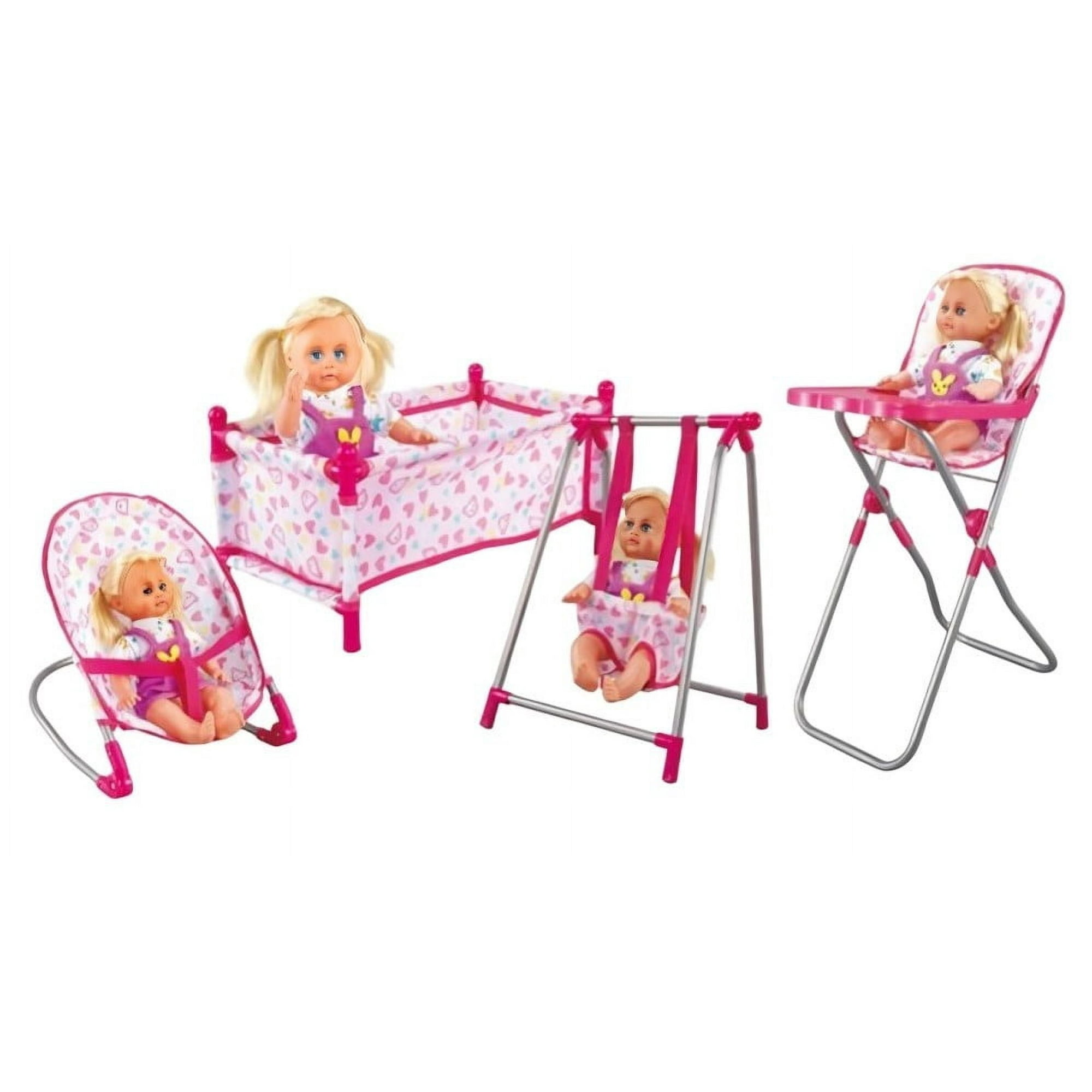 Genérico - Set Juego 4 En 1 Con Muñeca, Silla, Comedor, Columpio Y Cuna