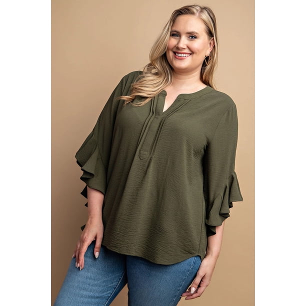 Saronite Camiseta con Mangas Acampanadas con Volantes, Detalle Plisado en la Parte Delantera y Mangas de Color Liso, Verde (para Mujer)