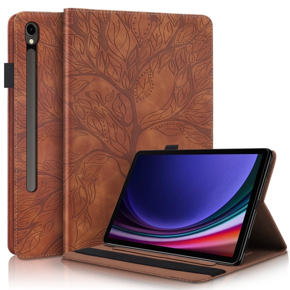 Funda con relieve del Árbol de la Vida para tablet Samsung Galaxy Tab S10 FE Plus(2025) con soporte, ranuras para tarjetas y soporte para lápiz óptico. Marrón