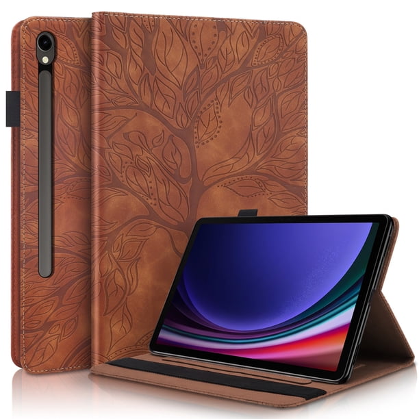 Funda con relieve del Árbol de la Vida para tablet Samsung Galaxy Tab S10 FE Plus(2025) con soporte, ranuras para tarjetas y soporte para lápiz óptico. Marrón