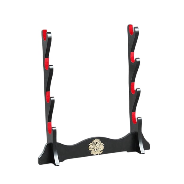 Soporte de Espadas Expositor Horizontal de Madera para Wakizashi Tanto Katana y Flauta Artesanal con Ganchos y Barra de Apoyo Adecuado para Coleccionistas Decoración de Oficina y Hogar 4 capas