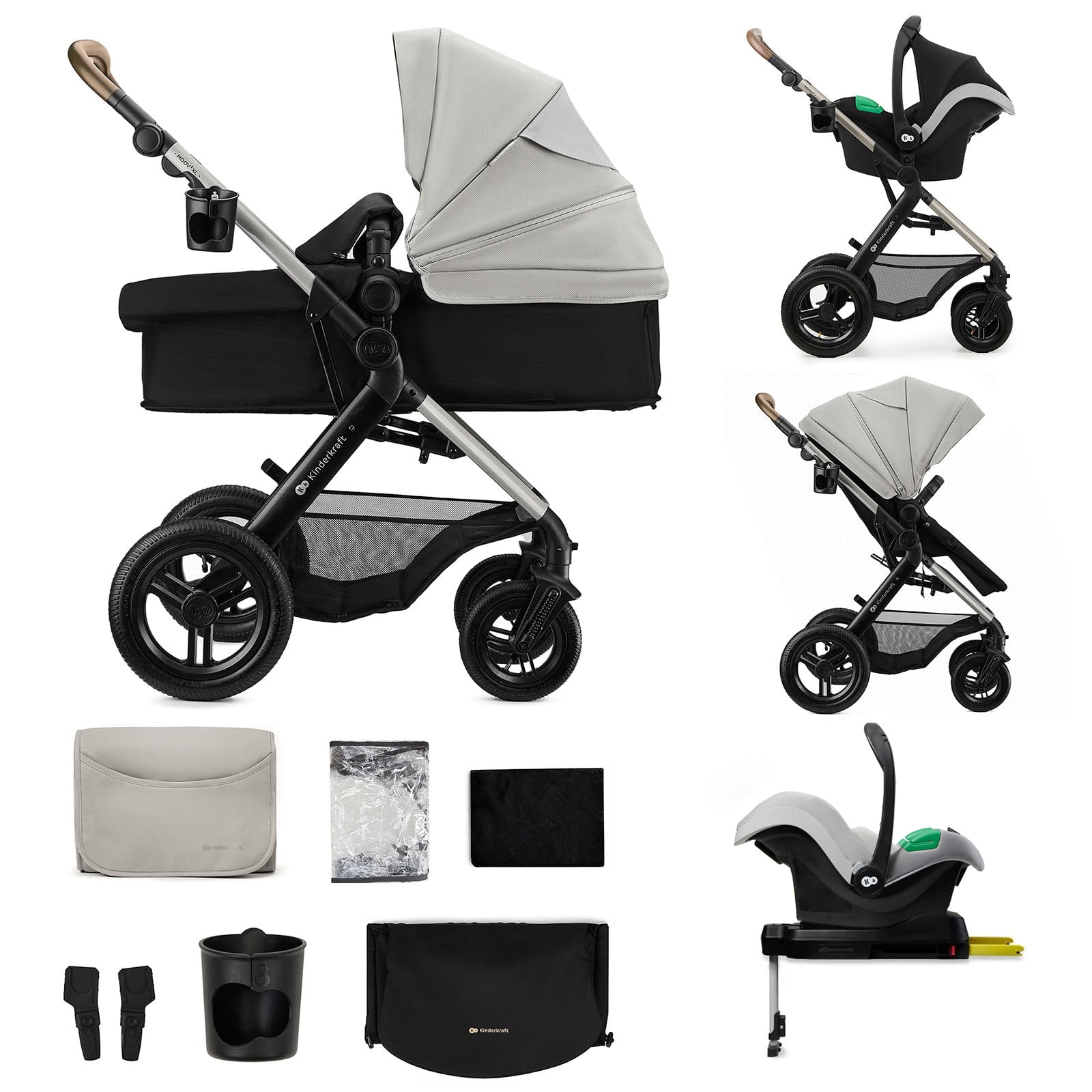Kinderkraft - Coche Travel System Moov 2 Xl 3 En 1 Gris + Base Isofix