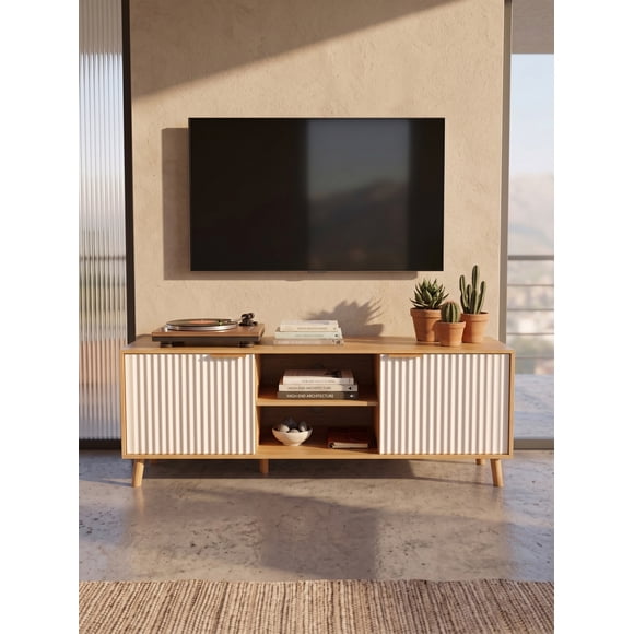 Rack TV 138x40x50cm Mueble Centro Entretenimiento Con Puertas Acanaladas Patas Elevadas Nordico Living Sala Estar