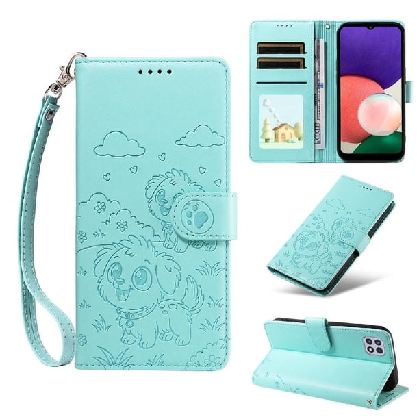 Funda Cartera para Samsung Galaxy A22 5G Perro Cachorro Grabado con Tarjetas Soporte Correa Verde