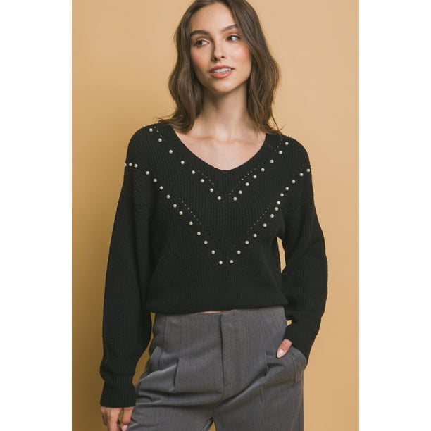 Saronite Suéter Térmico Elástico de Punto Acanalado con Cuello Redondo y Detalles de Perlas, Negro (para Mujer)