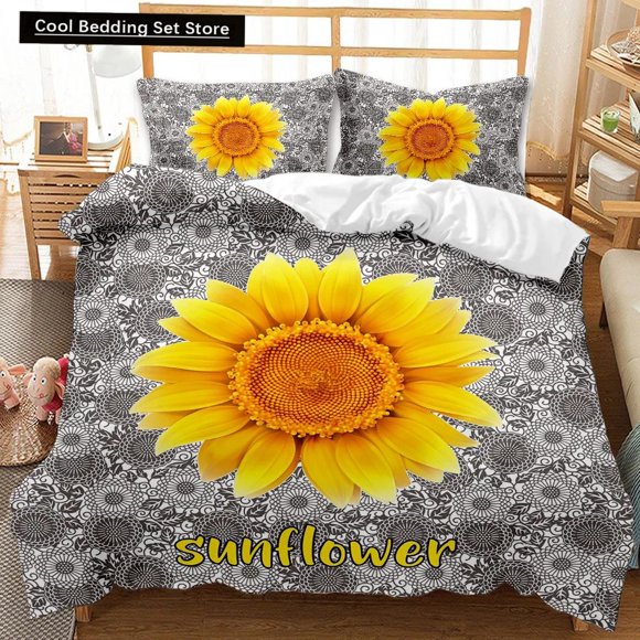 x1494 Bed SheetsSunflower Duvet Cover Set Yellow Flower Bedding Set Sunflower Botanical Floral Garden Bloom Print on Black Polyester Quilt Cover 3-Piece Bedding Set (1 Duvet Cover + 2 Pillow Shams) nj