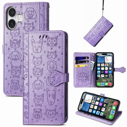 Funda Cartera Foxdock Para Iphone 17 , Flip Pu Con Relieve De Gatos Y Perros, Tarjetero Y Soporte