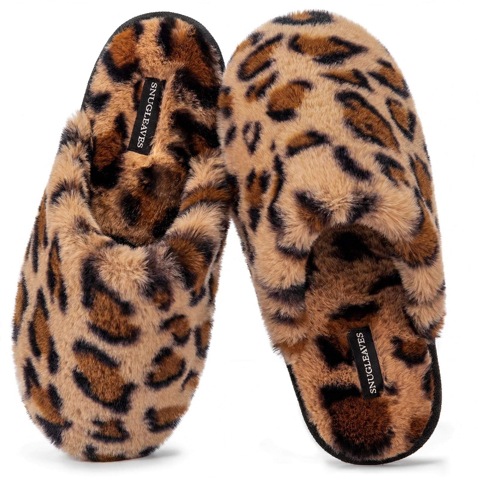 Zapatillas Snug Leaves Fuzzy Scuff Para Mujer, Color Marrón Guepardo, Tallas 5-6