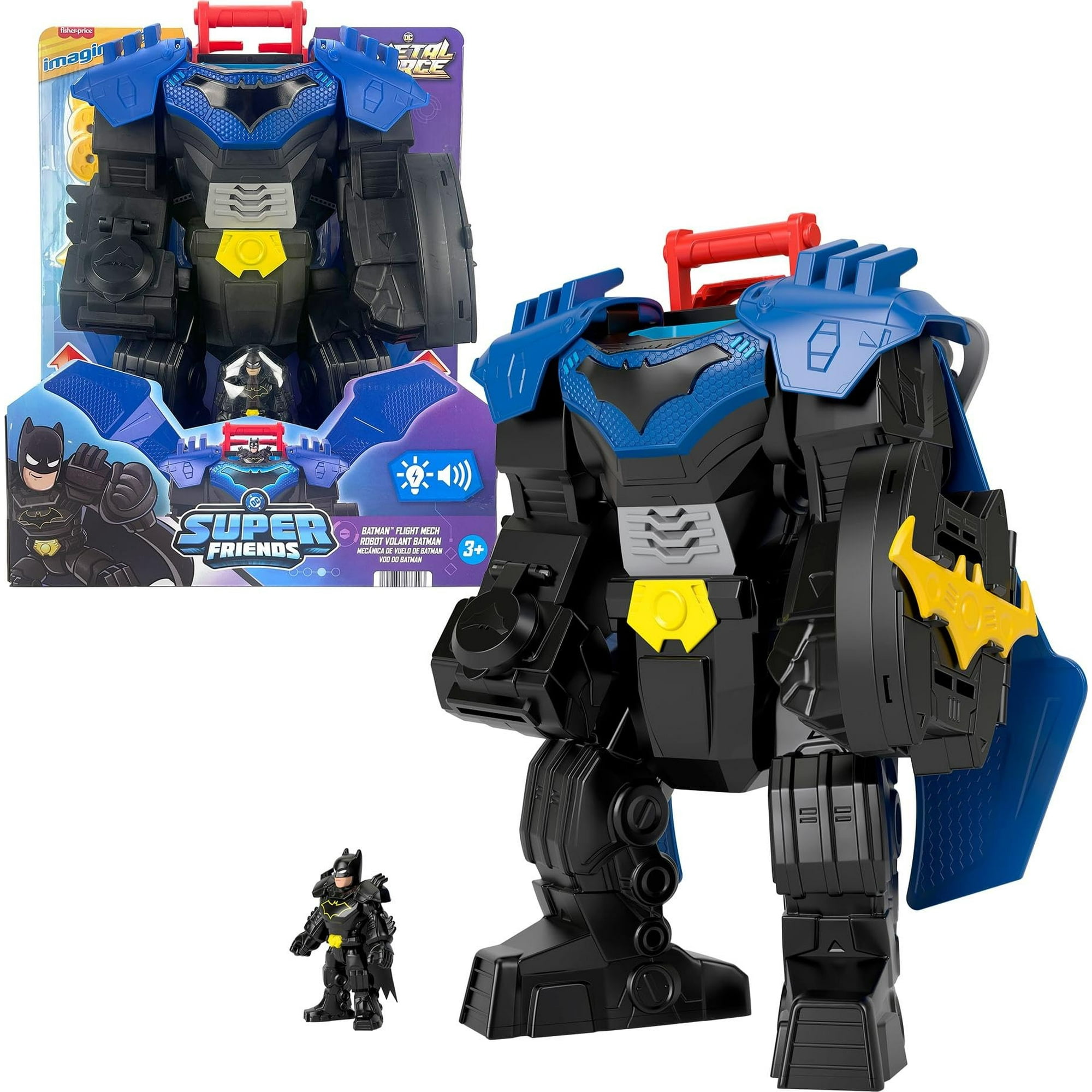 Fisher-price Imaginext Dc Super Friends, Batman Flight Mech Con Luces, Sonidos, Movimiento Y Figura De Acción De 3 Pulgadas, Juguete De 14.5 Pulgadas Que Incluye Lanzador Y Discos.