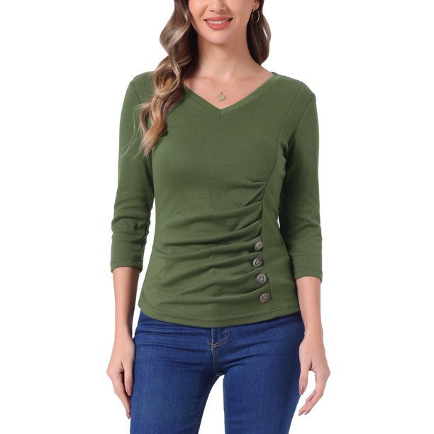 INSPIRE CHIC Blusa Fruncida para Mujer de Regreso a Clases con Botones Decorativos Cuello en V Manga 3/4 Top de Punto Sólido Verde Oliva M