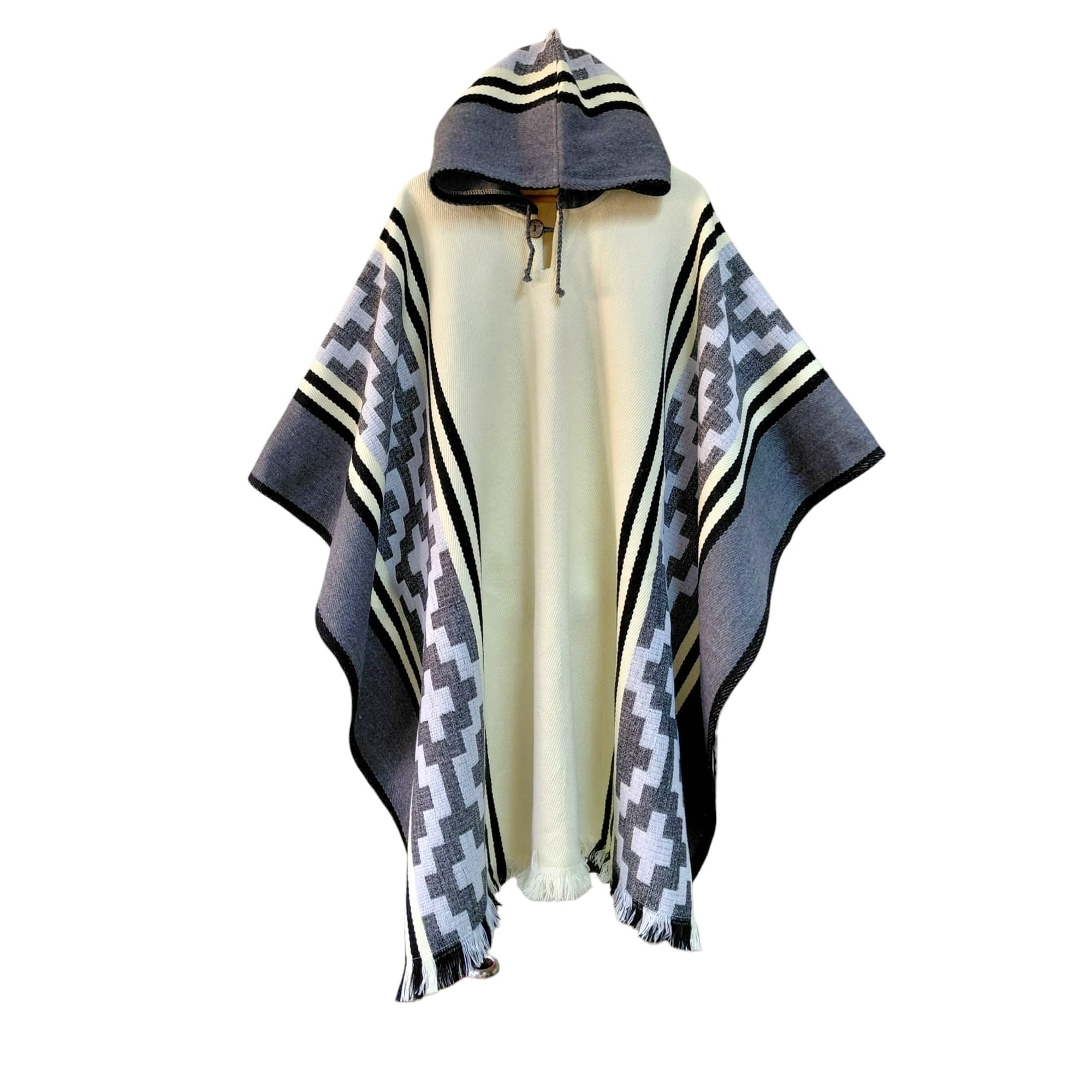 Genérico - Poncho Con Lana De Alpaca Arauco Unisex Con Gorro Gris Oscuro Y Blanco