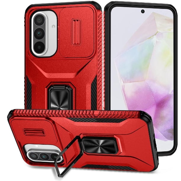 Funda Armada para Samsung Galaxy A36 con Tapa Deslizante y Soporte Magnético Giratorio Rojo