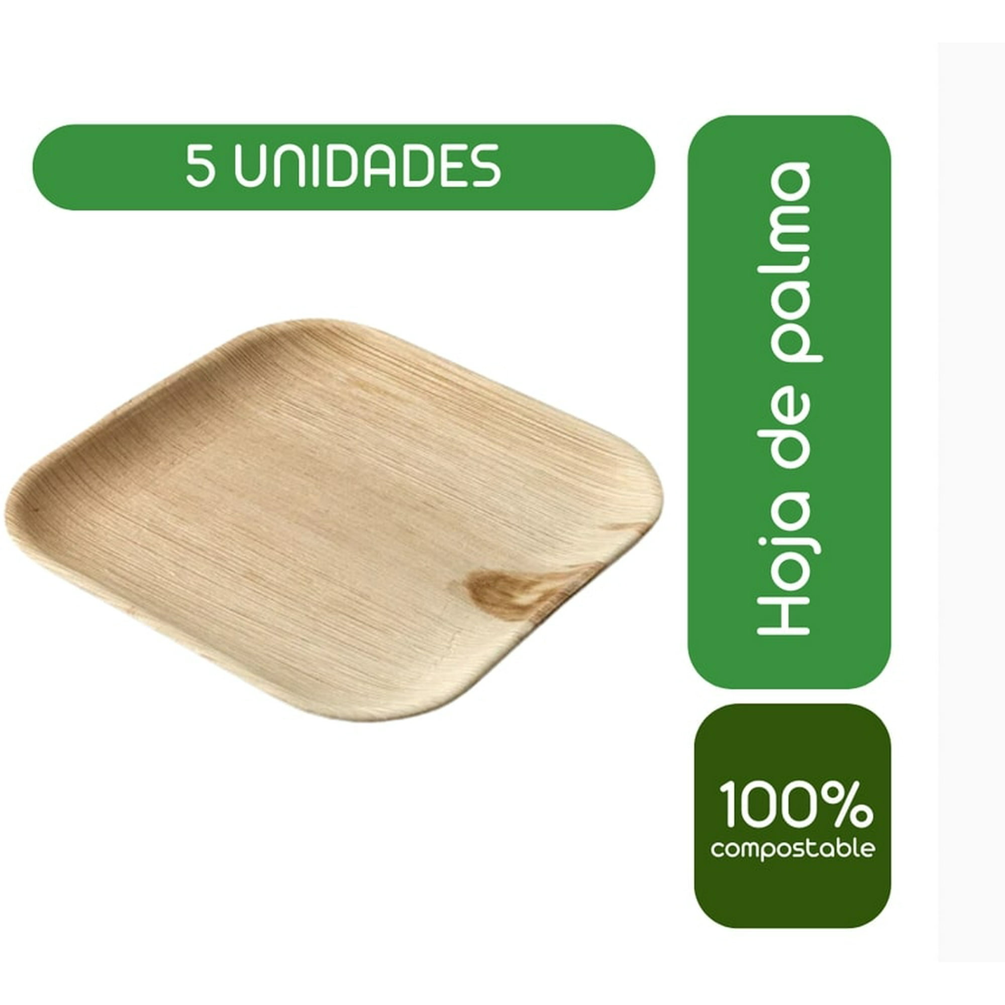 Ecosoulife - Pack De 5 Platos Cuadrado Hoja De Palma 100% Biodegradable 15cmx15cm Ecológico