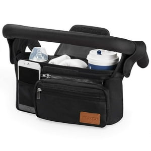 Momcozy Organizador Universal Para Cochecitos - Con Portavasos Térmico, Bolsillo Desmontable Para Teléfono Y Correa Para Hombro, Color Negro