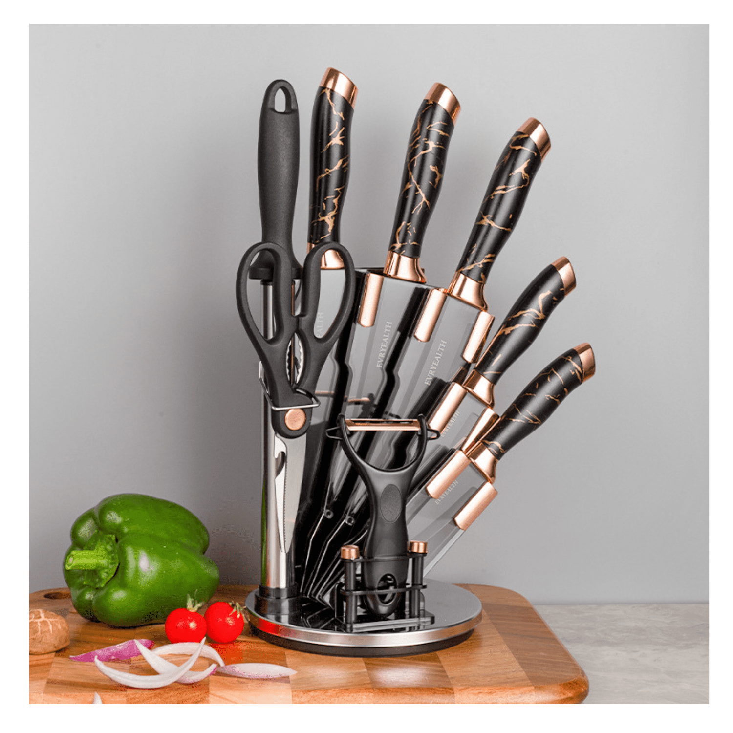 Genérico - Set De Cuchillos Premium 9 Piezas Con Soporte Giratorio Marb Marble Negro Plateado