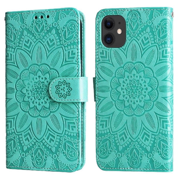 Funda tipo cartera FOXDOCK para iPhone 11 , diseño girasol en relieve, cuero PU, cierre magnético, soporte y tarjetero