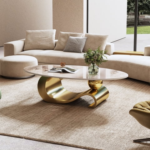 M&Ms - 49.2"" Faux Marble Oval Coffee Table, Contemporary Gold Stainless Steel Base, Modern Center Table For Living Room