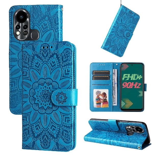 Funda tipo cartera FOXDOCK para Infinix Hot 11s , diseño girasol en relieve, cuero PU, cierre magnético, soporte y tarjetero