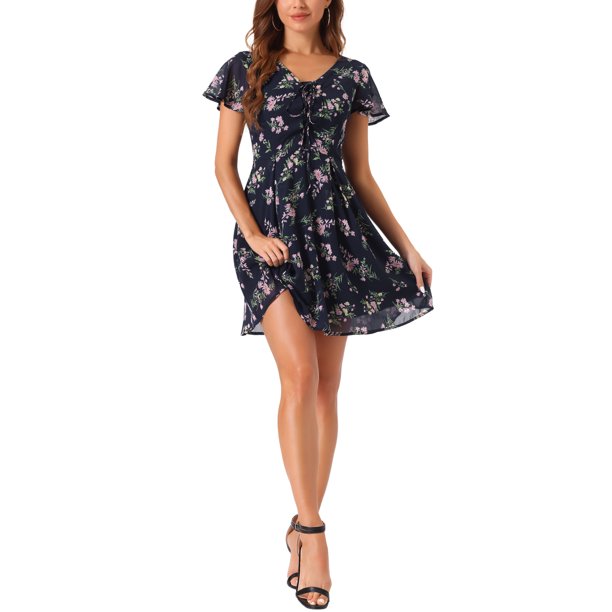 INSPIRE CHIC Vestido de Chifón con Cremallera y Cordones, Manga Corta Acampanada, Cuello en V Floral para Mujer, Regreso a Clases, S Azul Oscuro